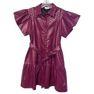 ENTRO‎ Burgundy Faux Leather Shirt Dress Size Small Belted Puff Sleeve Mini